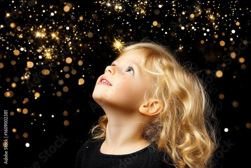 Child gazes up with hope and wonder at sparkling lights