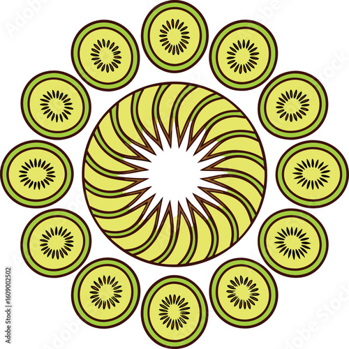 Circular pattern of kiwi slices and abstract sunburst design