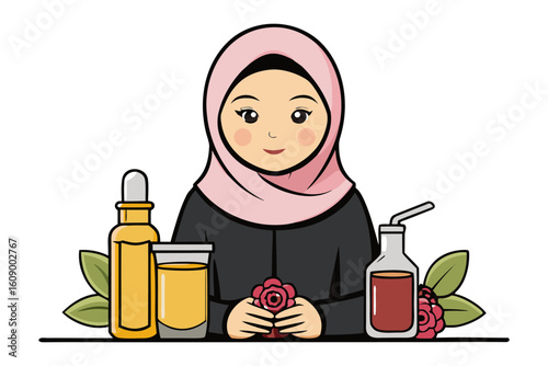 Muslim woman in hijab with natural beauty products and rose representing organic skincare and halal cosmetics