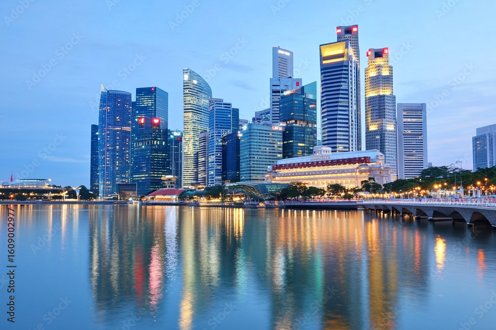 Fototapeta premium City skyline illuminated at dusk with tranquil water reflections