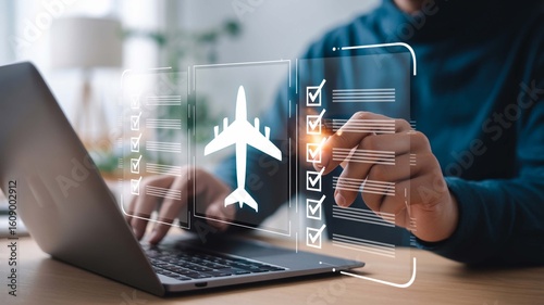 Booking a dream vacation online ticking off pre flight checklists with excitement using virtual interface over laptop
