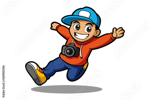 Joyful cartoon boy with camera captures the moment with enthusiastic leap