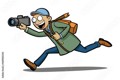 Enthusiastic cartoon photographer in motion capturing a fleeting moment with a dslr camera and backpack