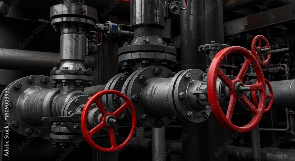 Fototapeta premium Industrial Pipe System with Red Valves in Factory Setting
