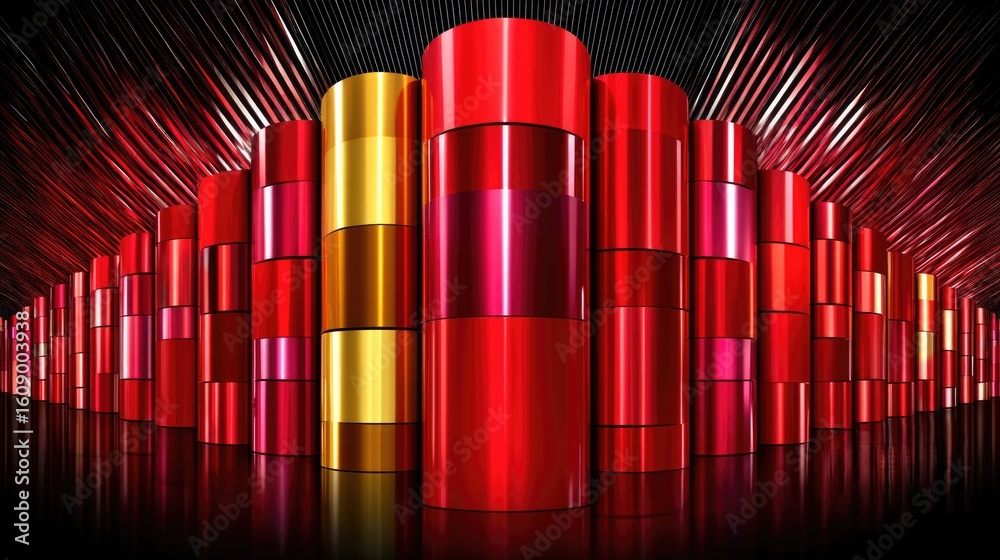 Obraz premium Vibrant Red and Gold Cylinders with Radiant Light Rays in Abstract Composition for Modern Design Concepts
