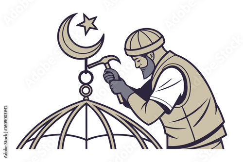 Skilled craftsman meticulously repairs the crescent moon and star finial atop a mosque dome with a hammer and tools