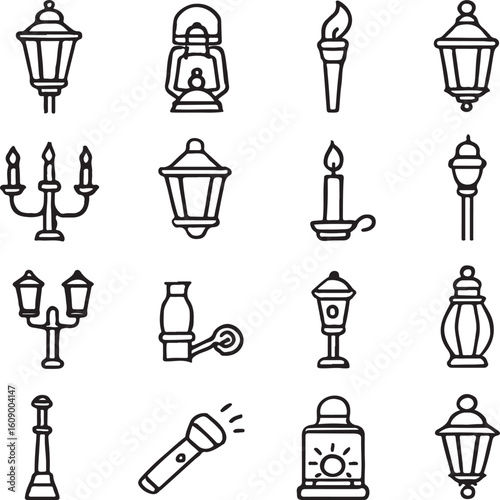 Retro Lighting Icons Vector Set - Thin Line Lamps & Lanterns Collection