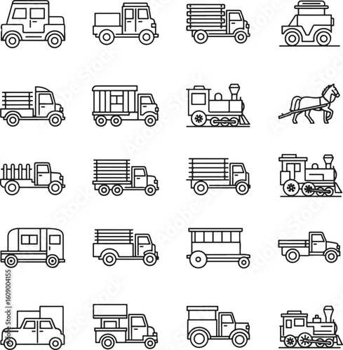 Classic Rural Transport Icons Vector Set - Retro Thin Line Vehicles