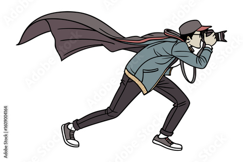 A dynamic illustration captures a determined photographer in action holding a camera and wearing a flowing cape and cap