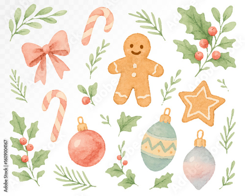 Watercolor Christmas composition with gingerbread man, holiday ornaments, candy canes, stars, baubles, holly leaves and winter decorative elements. Vector illustration.