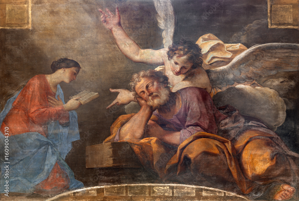 Obraz premium PIACENZA, ITALY - MAY 19, 2025: The fresco of Dream of St. Jospeh in Cathedral - Cattedrale di Santa Maria Assunta e Santa Giustina by Markantonio Franceschini (1688 - 1689).