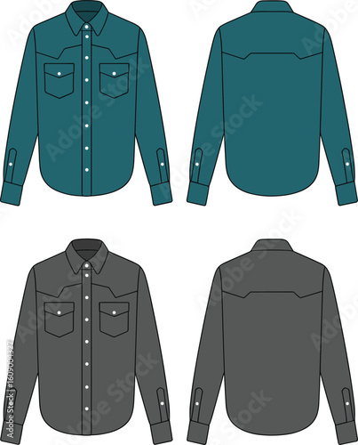 Classic Men's Long Sleeve Western Shirt with Flap Pockets and Pearl Snap Buttons, a Stylish Fashion Apparel Vector Illustration