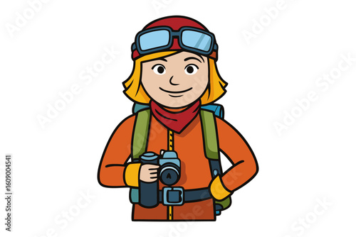 Smiling adventurer with camera and backpack ready for exploration and photography