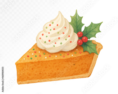 Slice of pumpkin pie with whipped cream and holly leaves on top, traditional festive dessert in warm orange tones, watercolor food clipart. Vector illustration.