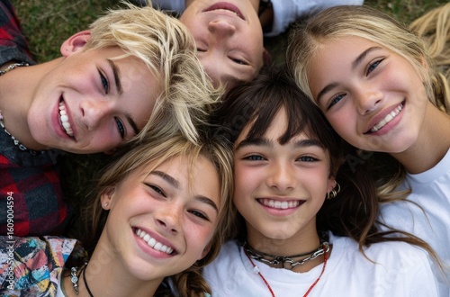 A group of happy young people lying on the ground, looking at the camera and smiling.