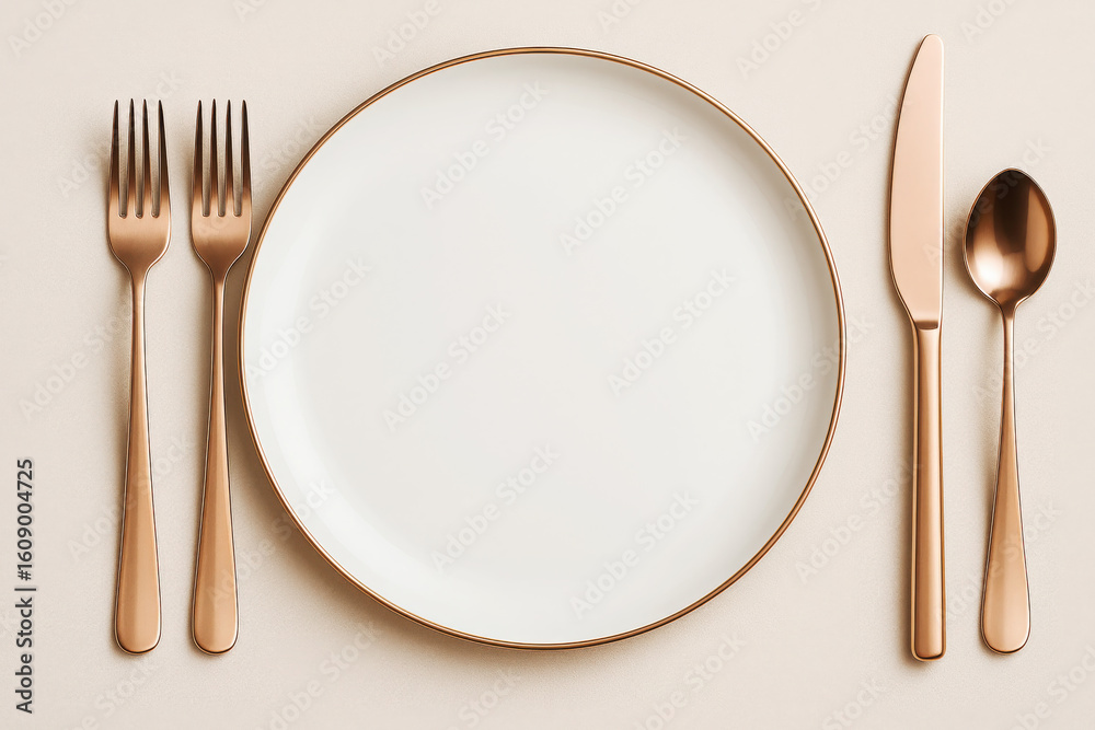 Plate with copper cutlery white plate fork Plate with copper cutlery white plate fork