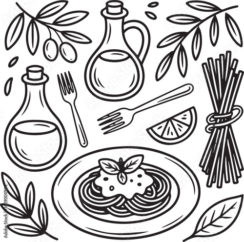 Italian food ingredients and prepared pasta dish spaghetti olives
