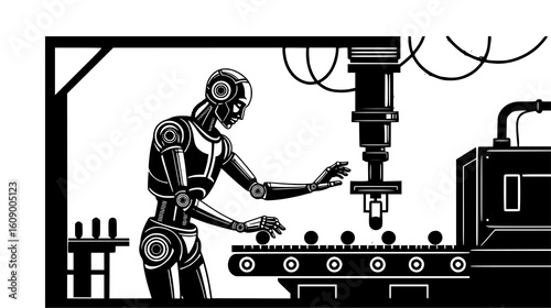 Humanoid robot working on a conveyor belt with manufactured components in a factory, representing automated production and industry