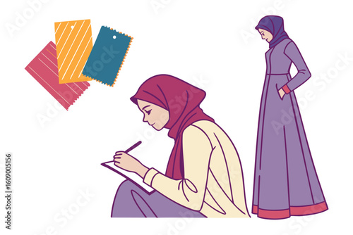 Young muslim woman designing modest fashion sketching ideas with fabric swatches and a mannequin displaying a full length abaya