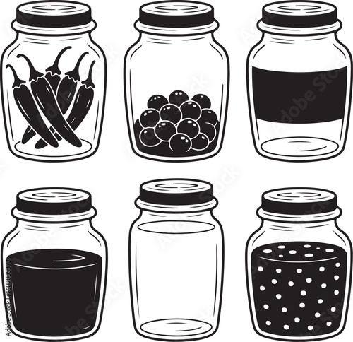 Six jars containing peppers berries liquid and dots glass chili