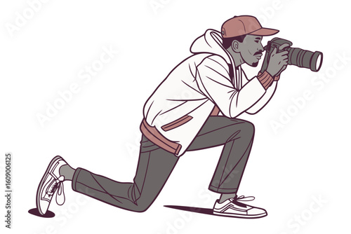 A determined photographer captures a moment with precision while kneeling in a dynamic pose holding a professional camera