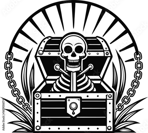 Skeleton emerges from open treasure chest with pirate chains and sunburst