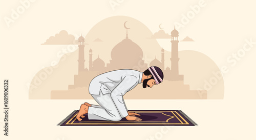 Muslim Man Performing Prayer in Front of Mosque