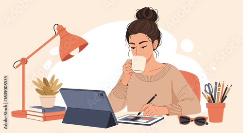 Focused Woman Working on Tablet with a Cup of Coffee