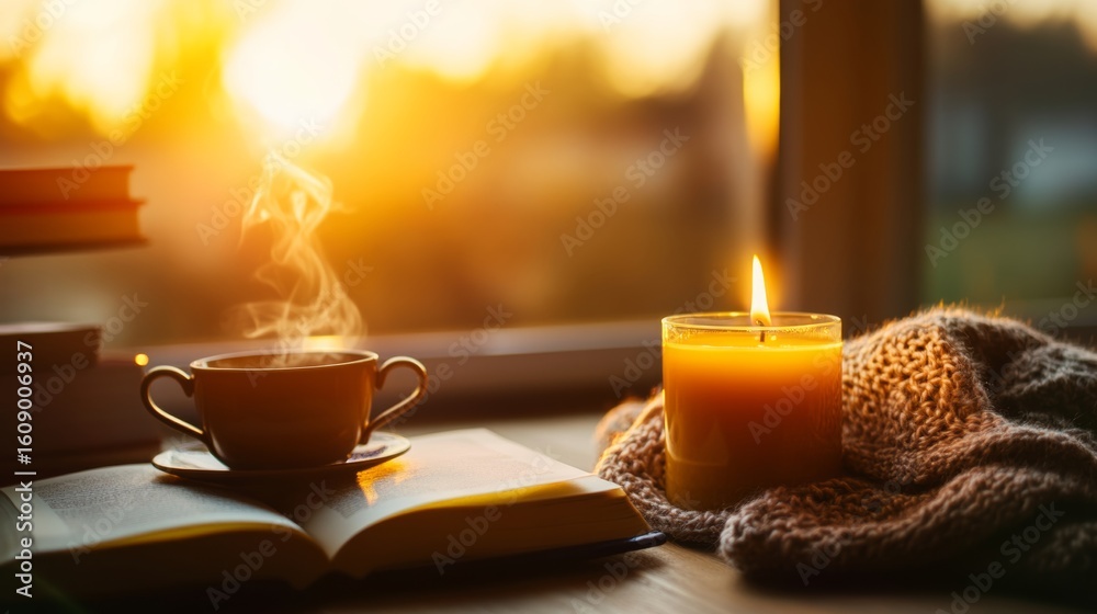 Fototapeta premium Aromatic candles near books and tea in peaceful home scene,