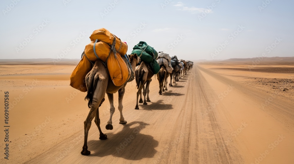 Fototapeta premium camel caravan crossing open desert landscape, with supply bags tied on sides