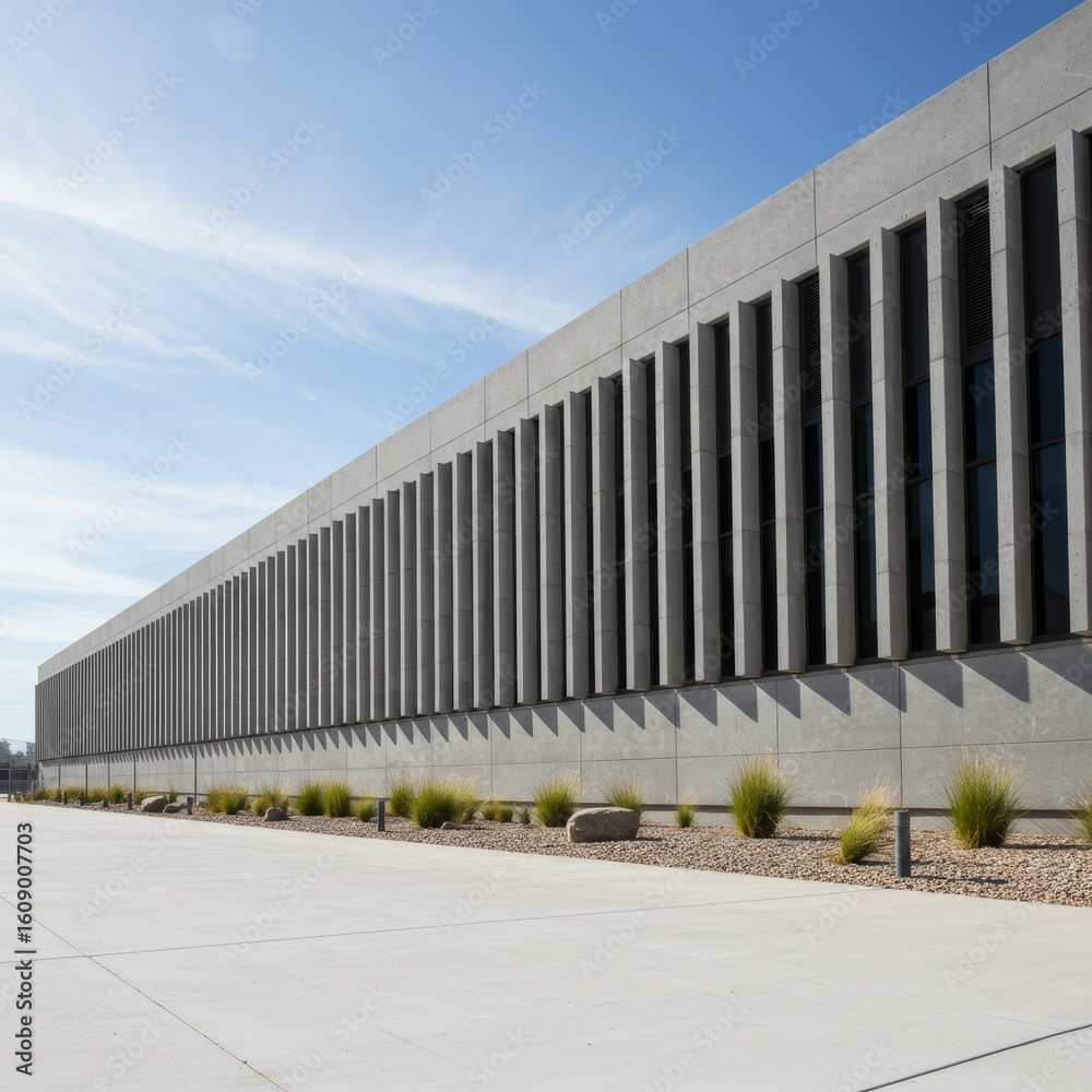 Fototapeta premium Modern concrete building facade with vertical sunshades and landscaping.