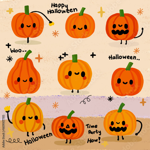 Cute Kawaii Halloween Pumpkins Character Set.