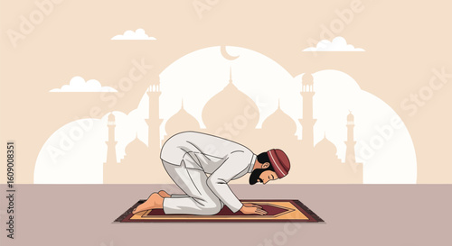 Muslim Man Performing Prayer in Front of Mosque