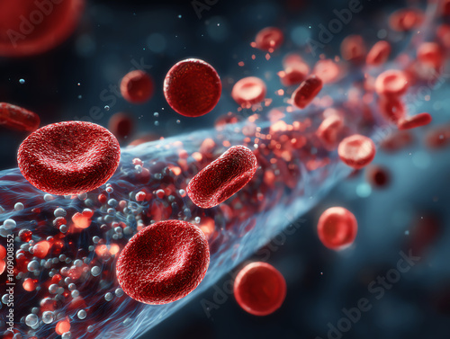 Detailed view of red blood cells moving through a blood vessel.