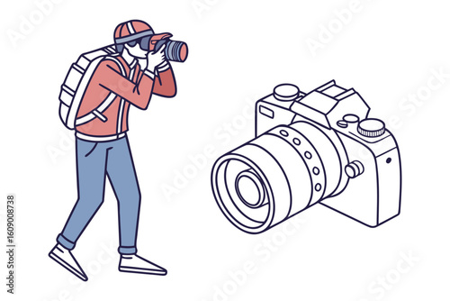 Illustrative depiction of a photographer with a backpack capturing a moment with a large lens camera
