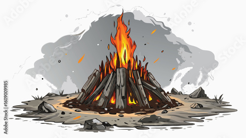 A vibrant inferno of orange and red flames burns hot against the dark night sky, illuminating the dangerous mountain landscape