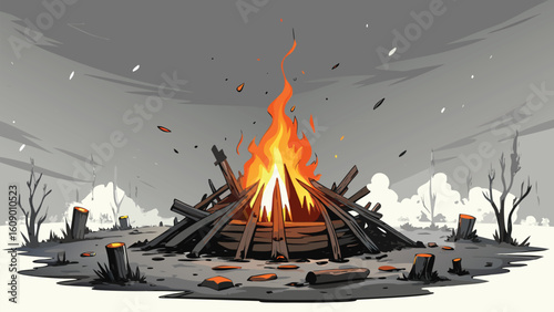 Orange and red flames from a burning gas stove illuminate the dark city night, casting a warm glow