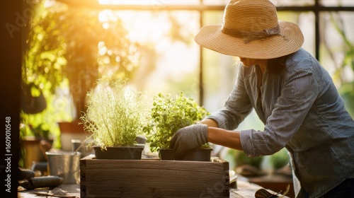 A gardener in a sunhat carefully tends to potted plants in a wooden planter box, surrounded by warm sunlight filtering through greenhouse glass.