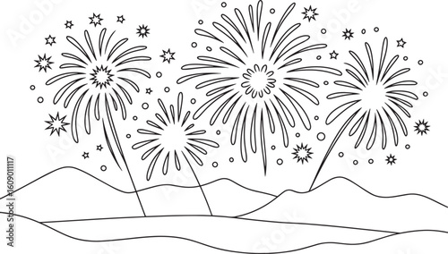 Scenic Mountain Landscape with Fireworks Display Black and White Vector Illustration for Celebrations and Coloring, Mountain Fireworks Night, Fireworks Over Mountains, new year firework