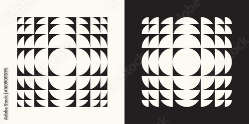 Set of two geometric dynamic square formed by circles with refraction and distortion effect. Abstract design for poster, brochure, banner, promotional and print. Trendy vector illustration 