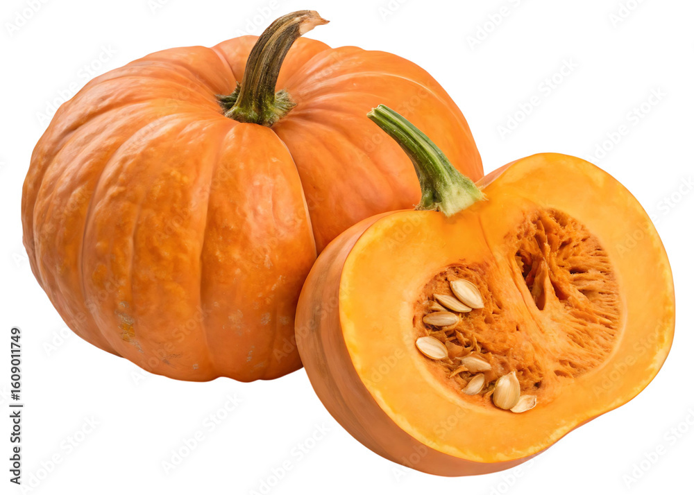 Vibrant Duo of Pumpkins A Study in Orange and Texture with One Half Revealing its Seeded Interior Vibrant Duo of Pumpkins A Study in Orange and Texture with One Half Revealing its Seeded Interior