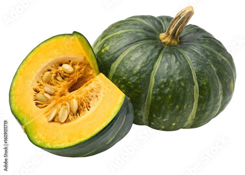 Vibrant Kabocha Squash Still Life Rich Yellow Interior Seeds Fresh Green Exterior, Beautiful Contrast Isolated Black Background