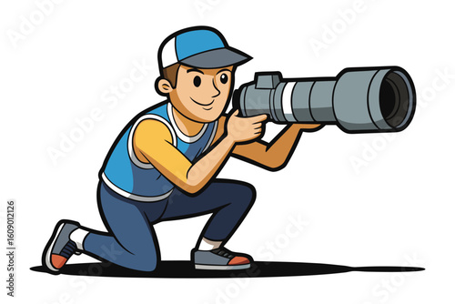 Cartoon photographer crouching low with a large telephoto lens capturing a moment