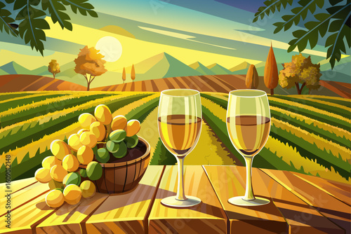 vector of Two glasses of sparkling wine are placed on a wooden table next to a bunch of yellow grapes against a beautiful view of a vineyard bathed in golden sunlight. Beautiful and romantic scene.