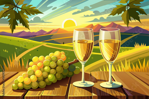 vector of Two glasses of sparkling wine are placed on a wooden table next to a bunch of yellow grapes against a beautiful view of a vineyard bathed in golden sunlight. Beautiful and romantic scene.
