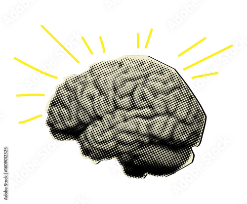 Human brain halftone collage element cut out from newspaper, trendy collage element with dotted pop art style