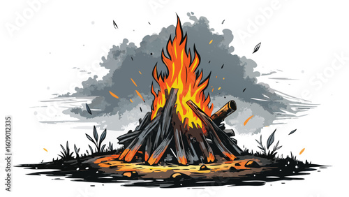 Vector illustration of a blazing hot inferno, with orange and red flames burning in a warm campfire