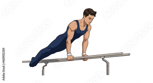 Cartoon gymnast in blue leotard performing on parallel bars exercise.