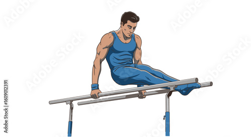 Cartoon Gymnast Performing on Parallel Bars with Blue Leotard.