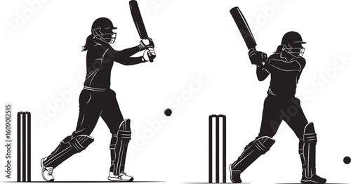 Two female cricket players batting silhouette
